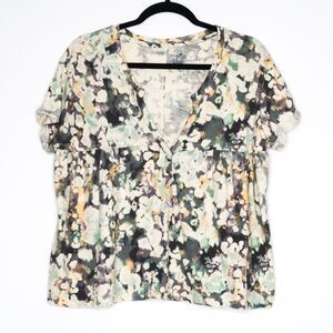 Pilcro Anthropologie Womens Top Size Medium Blue Yellow Babydoll Henley Tee Boho